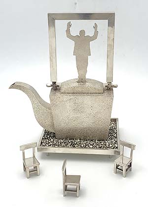 Christina Y Smith sterling teapot on stand with chairs
